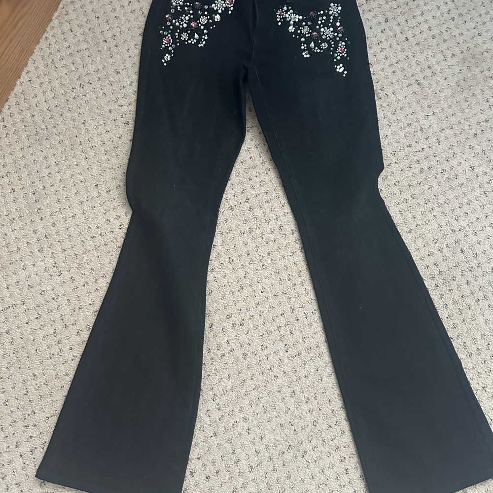 Black Flared Pants with Floral Embroidery